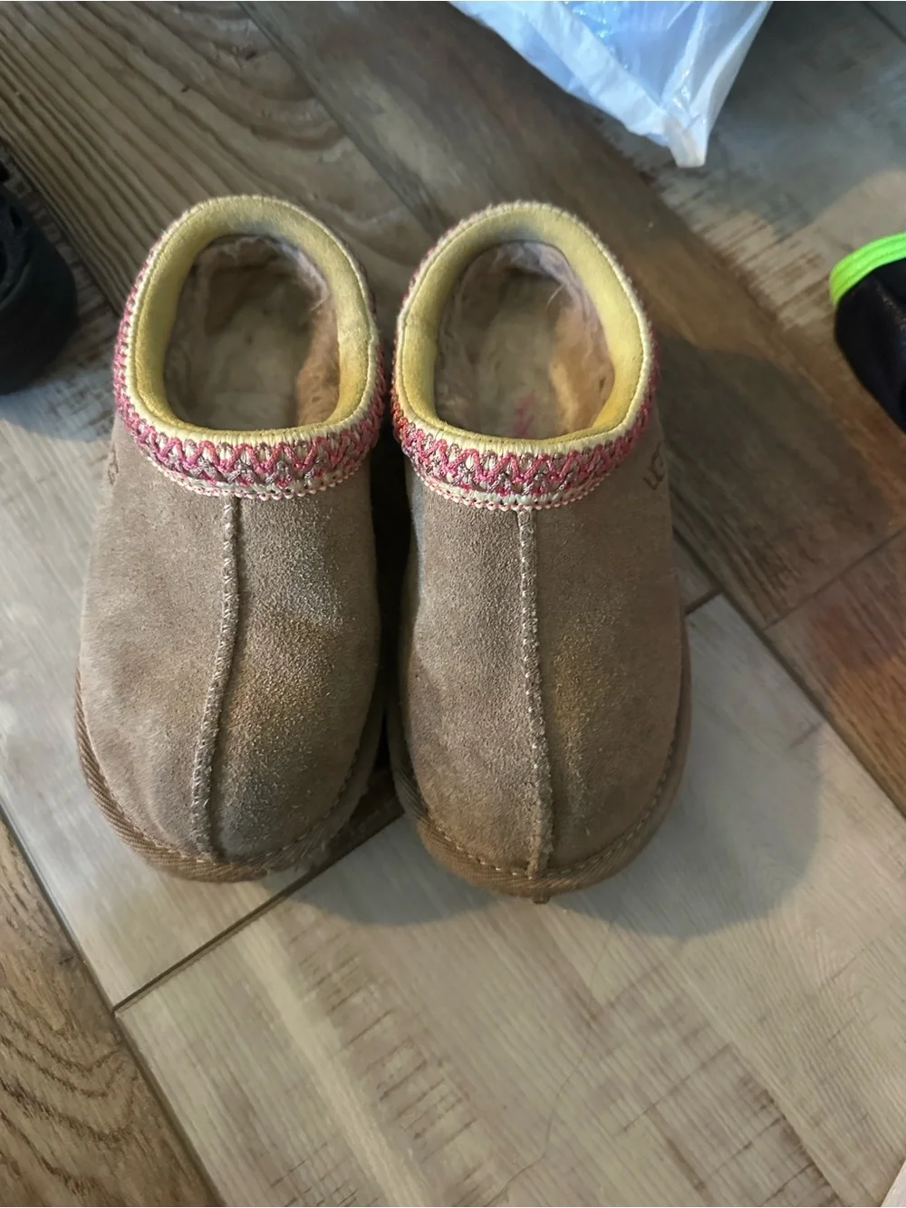 UGG Tan Suede Slip-On Kids Shoes with Pink Trim